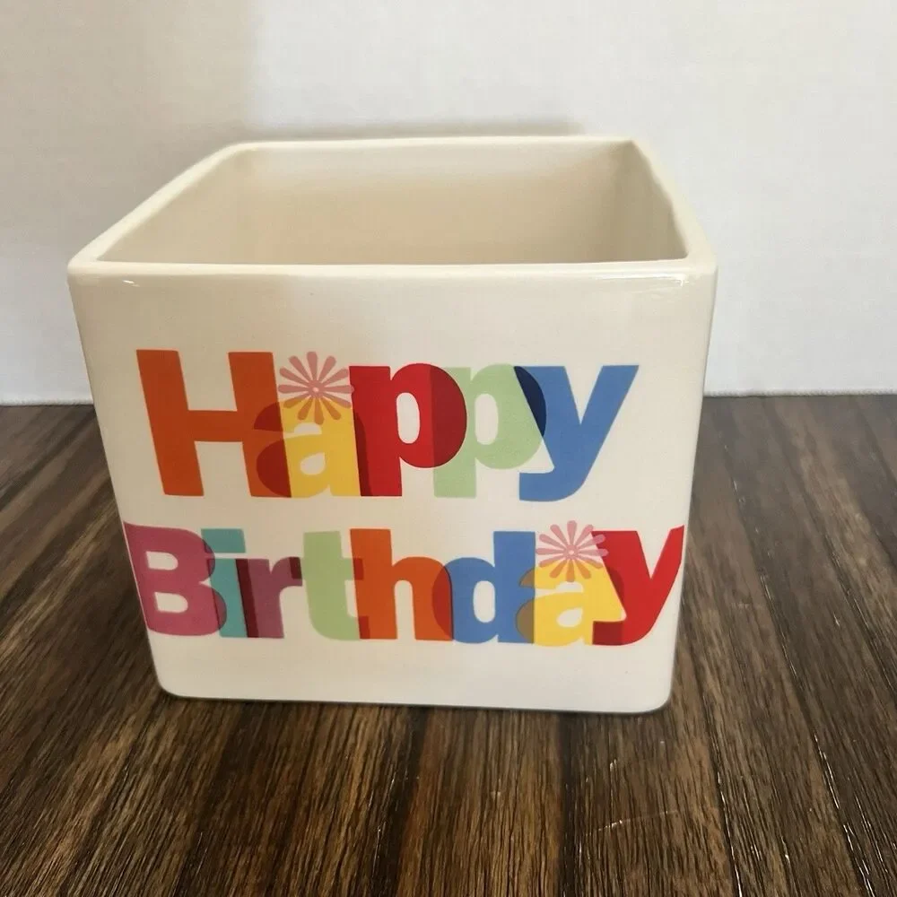 FTD HAPPY BIRTHDAY RECTANGULAR PLANTER CONTAINER VASE pride rainbow colors ivory